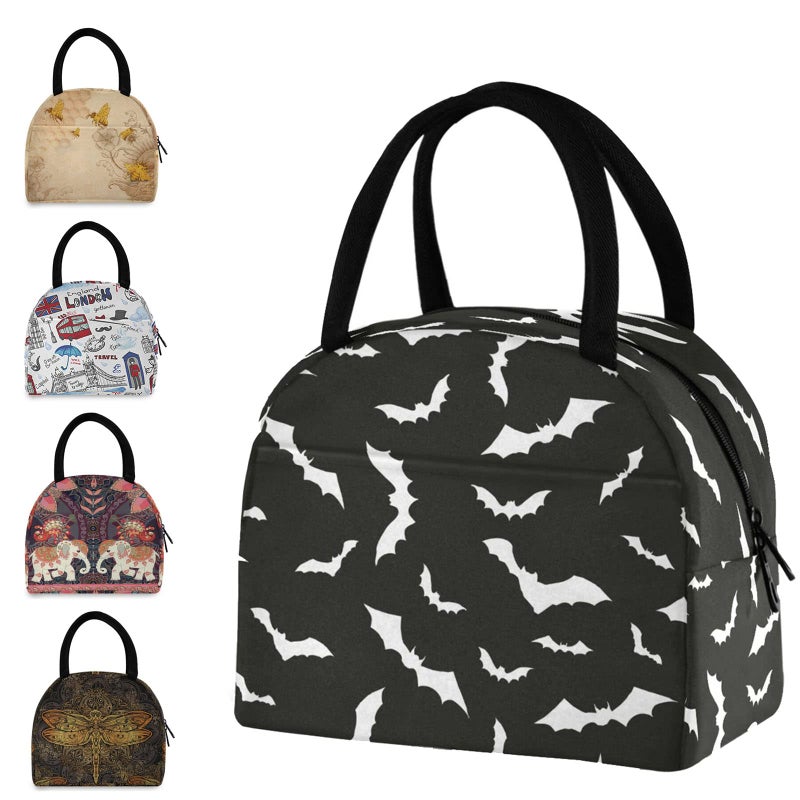 ZzWwR Stylish Bats Halloween Pattern Reusable Lunch Tote Bag with Front Pocket Zipper Closure Insulated Cooler Container Bag for Man Women Work Picnic Travel Beach Fishing - Image 1